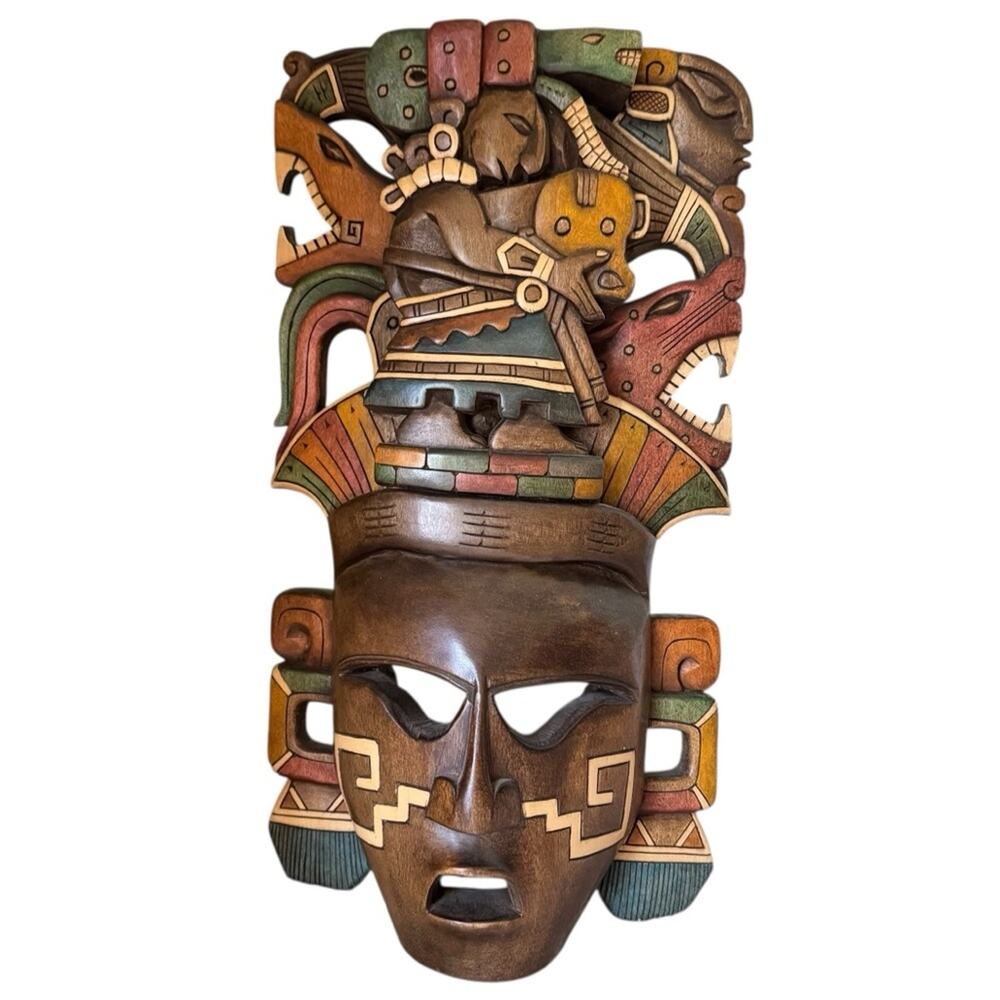 Handcrafted Wooden Mask Wall Hanging Art Ixchel Mayan Mexican Aztec Sculpture